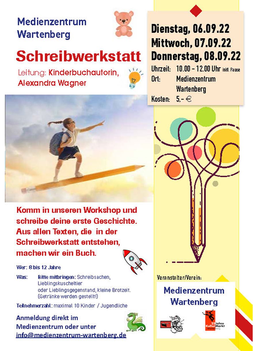 Schreibwerkstatt Sommerferien Kinderprogramm vom 06. 09. bis zum 08. 09. 2022, im Medienzentrum Wartenberg
